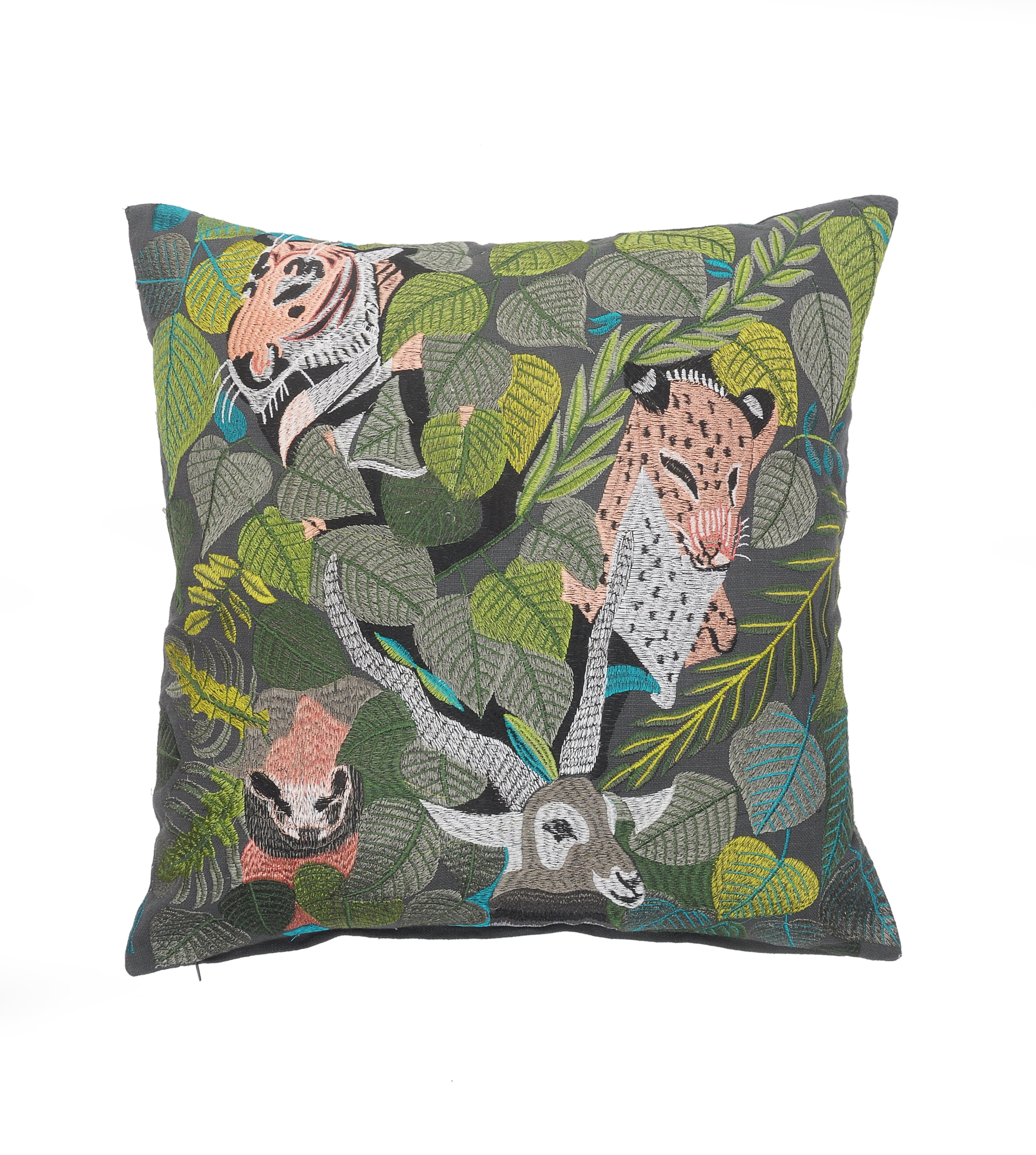 Jungle Scene Green and Multicolor Cotton Throw Pillow