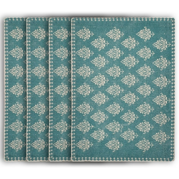 LR Home Khloe Set of 4 Cotton Table Place Mats, Turquoise Damask