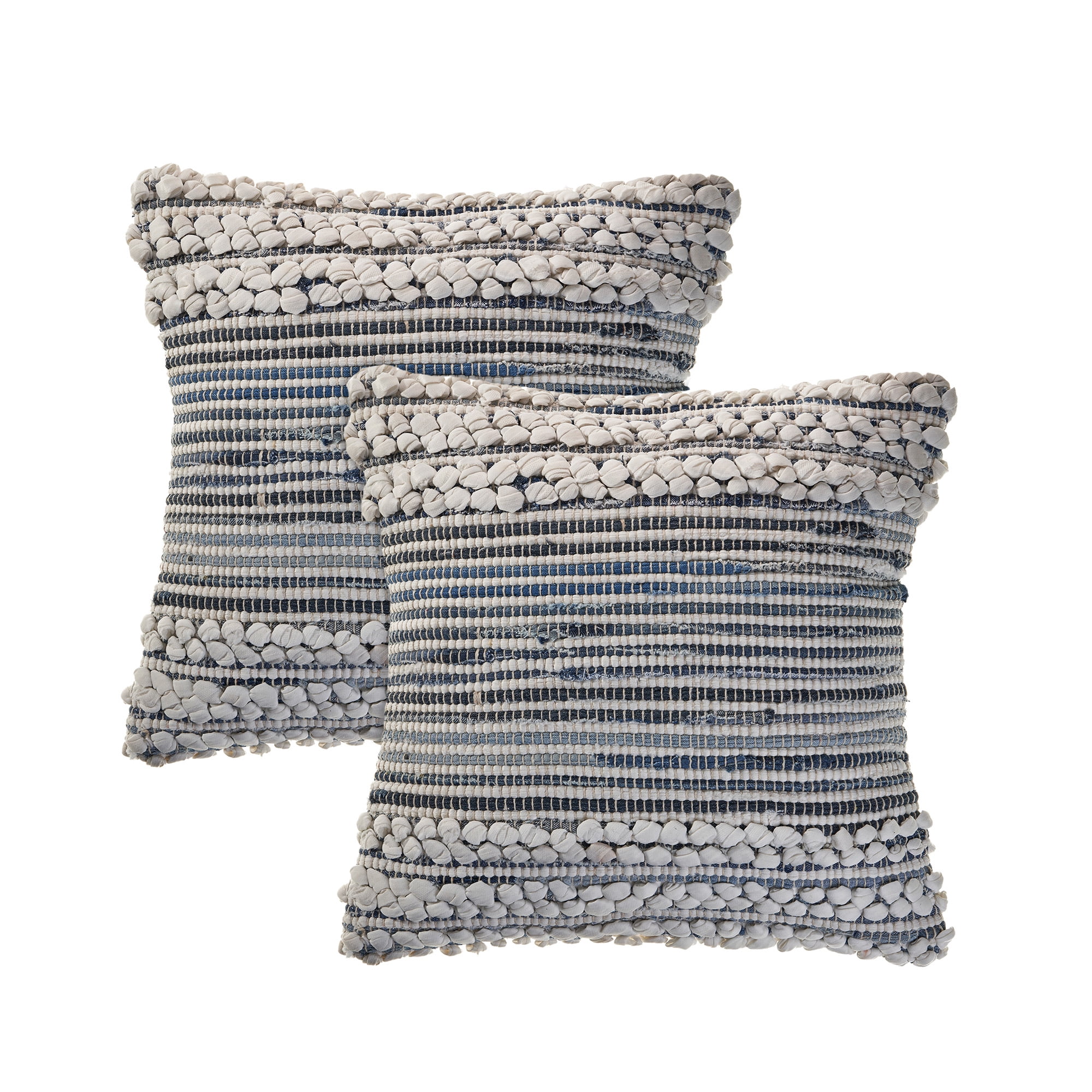 Blue and Ivory Striped Cotton Blend Square Throw Pillows, Set of 2