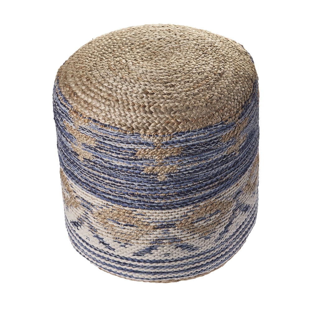 Natural Navy Jute Round Pouf with Geometric Pattern