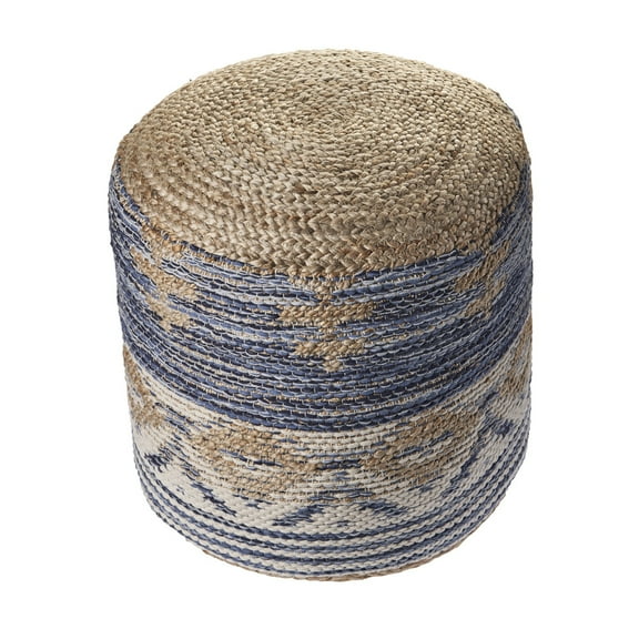 LR Home Sloane Round Natural/Navy Braided Geometric Indoor Pouf Ottoman , 18"H x 18"W