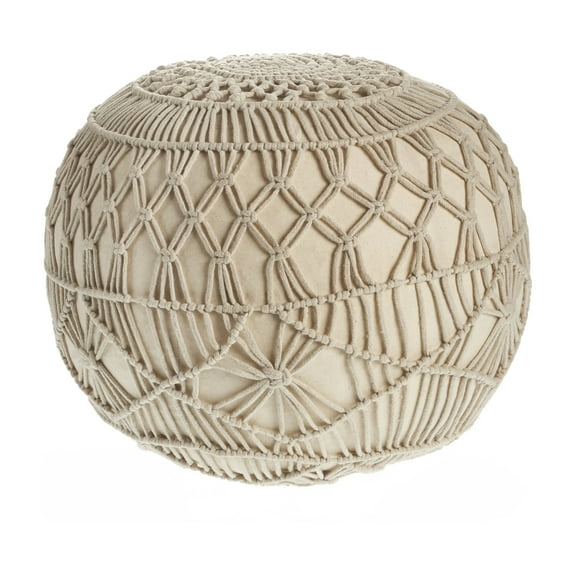 LR Home Aspen Round Beige Macrame Indoor Medium Pouf Ottoman, 16" H x 20" W