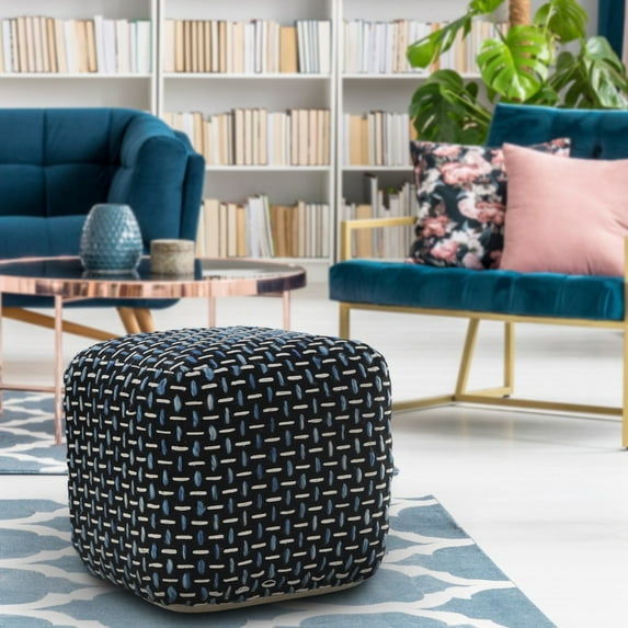 LR Home Medium Embroidered Geometric Indoor Square Pouf, Black/Blue, 16" x 16" x 16"