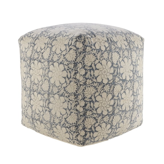 LR Home Medium Floral Indoor Square Pouf, Beige/Blue, 20" x 20" x 20"