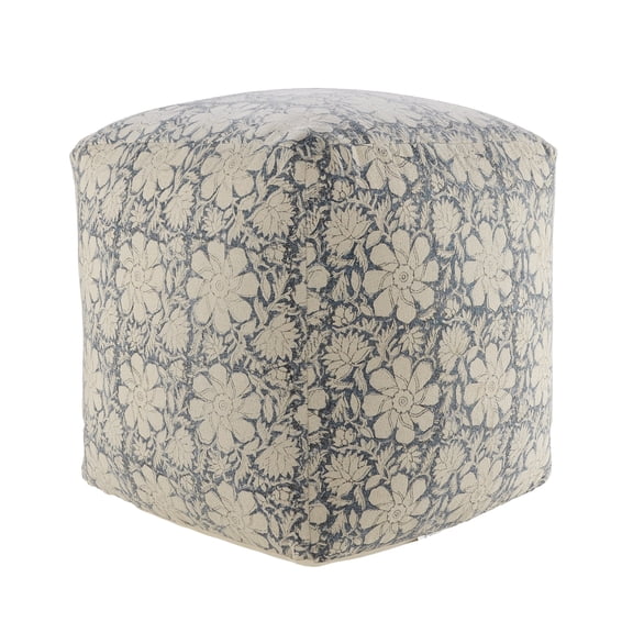 LR Home Medium Floral Indoor Square Pouf, Beige/Blue, 20" x 20" x 20"