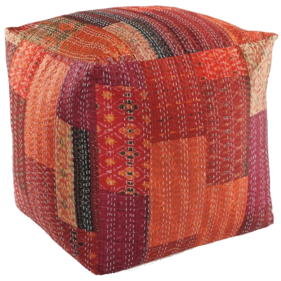 LR Home Medium Patchwork Indoor Square Pouf, Red, 24" x 24" x 20"