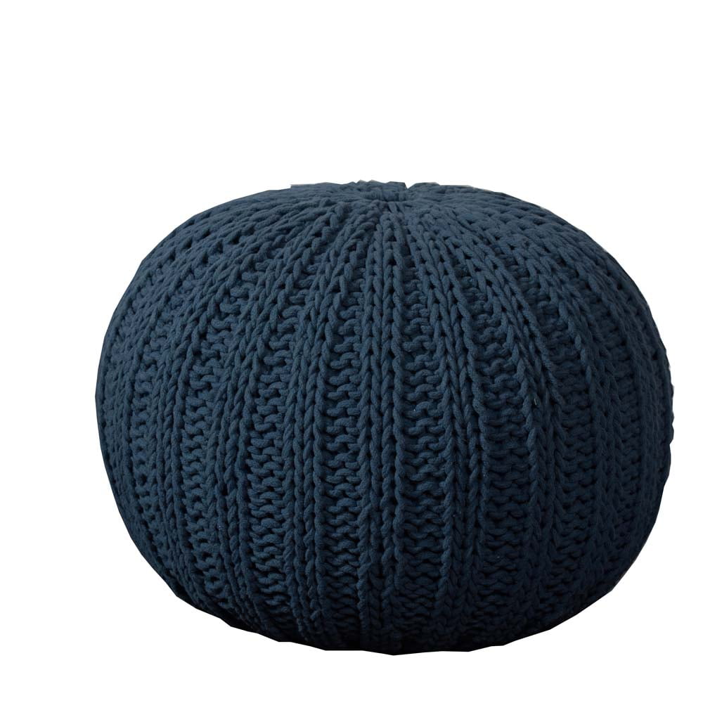 Navy Blue Hand-Knitted Cotton Round Pouf, 20" x 20" x 16"