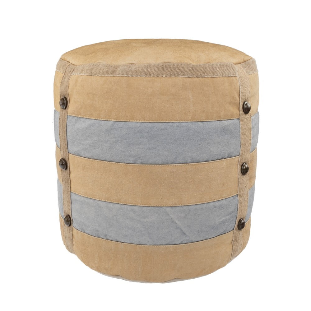 Handmade Striped Cotton Pouf in Beige and Gray, 16" Round