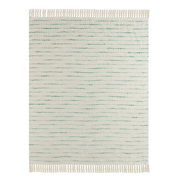 LR Home Melanie Teal/Cream Striped Embroidered with Fringe Adult Cotton Throw Blanket, 50" x 60"