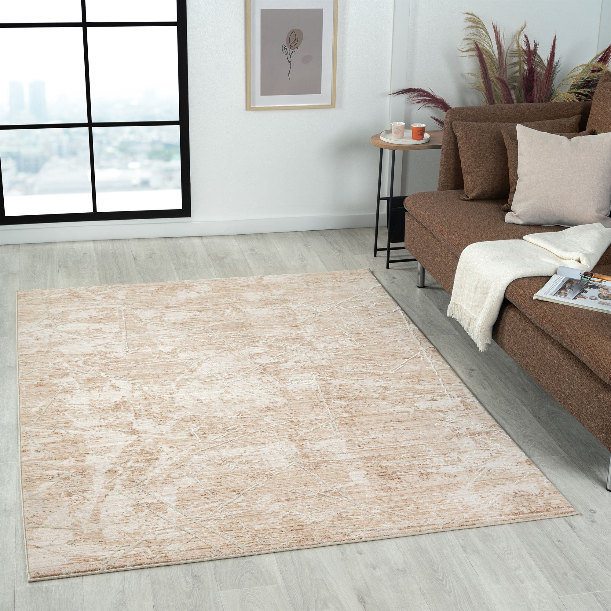 Laddha Home Designs 4' x 6' Loomed Abstract Striped Rectangular Area Throw Rug - Beige and Cream