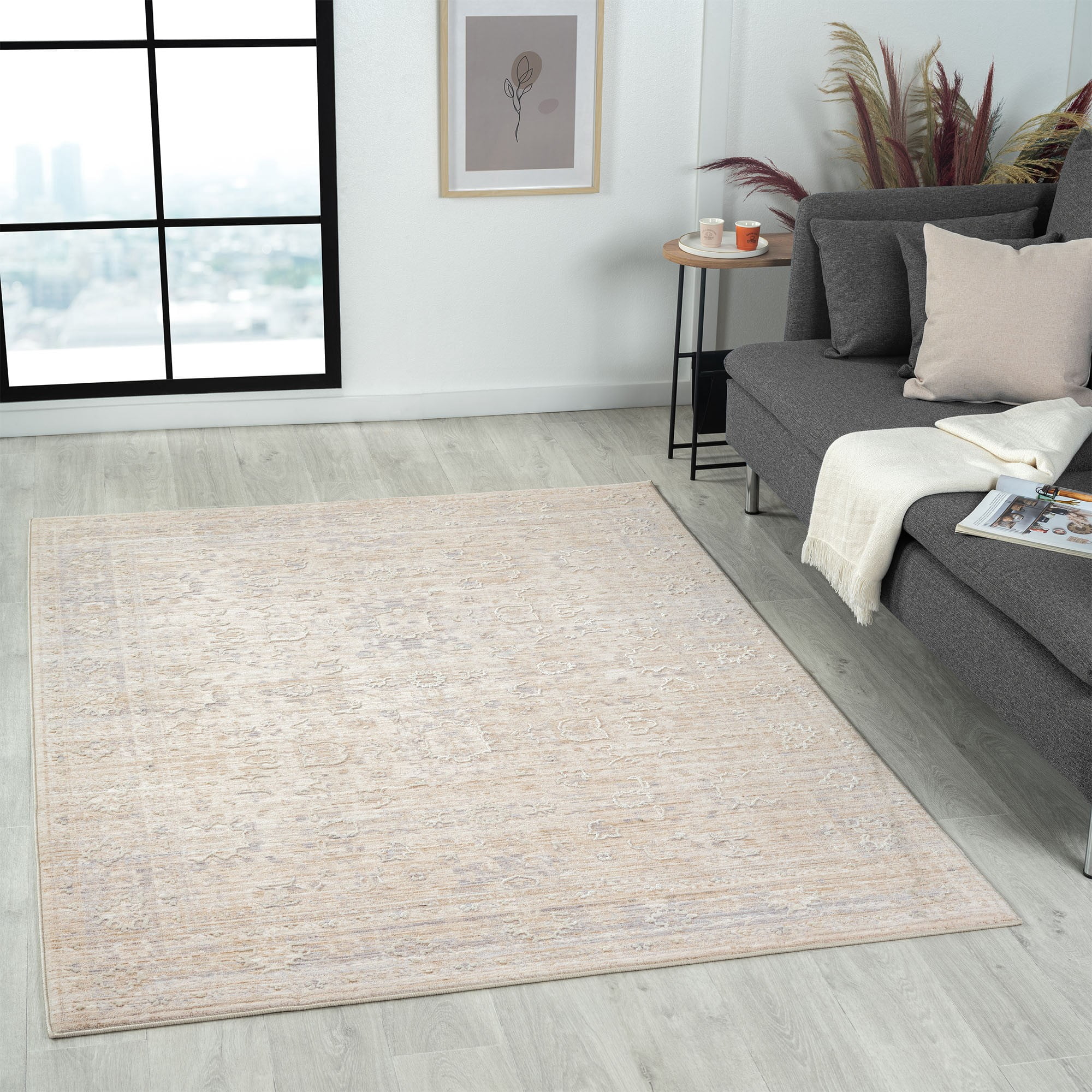 Laddha Home Designs 4' x 6' Floral Bordered Loomed Area Throw Rug - Gray and Beige