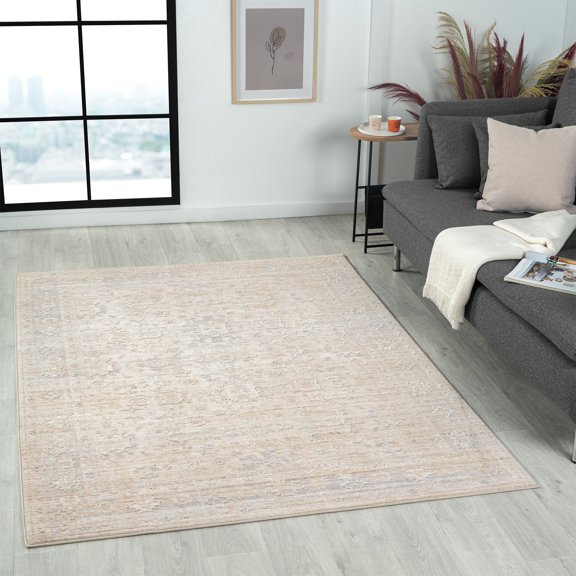 Laddha Home Designs 5' x 8' Floral Bordered Area Throw Rug - Gray and Beige