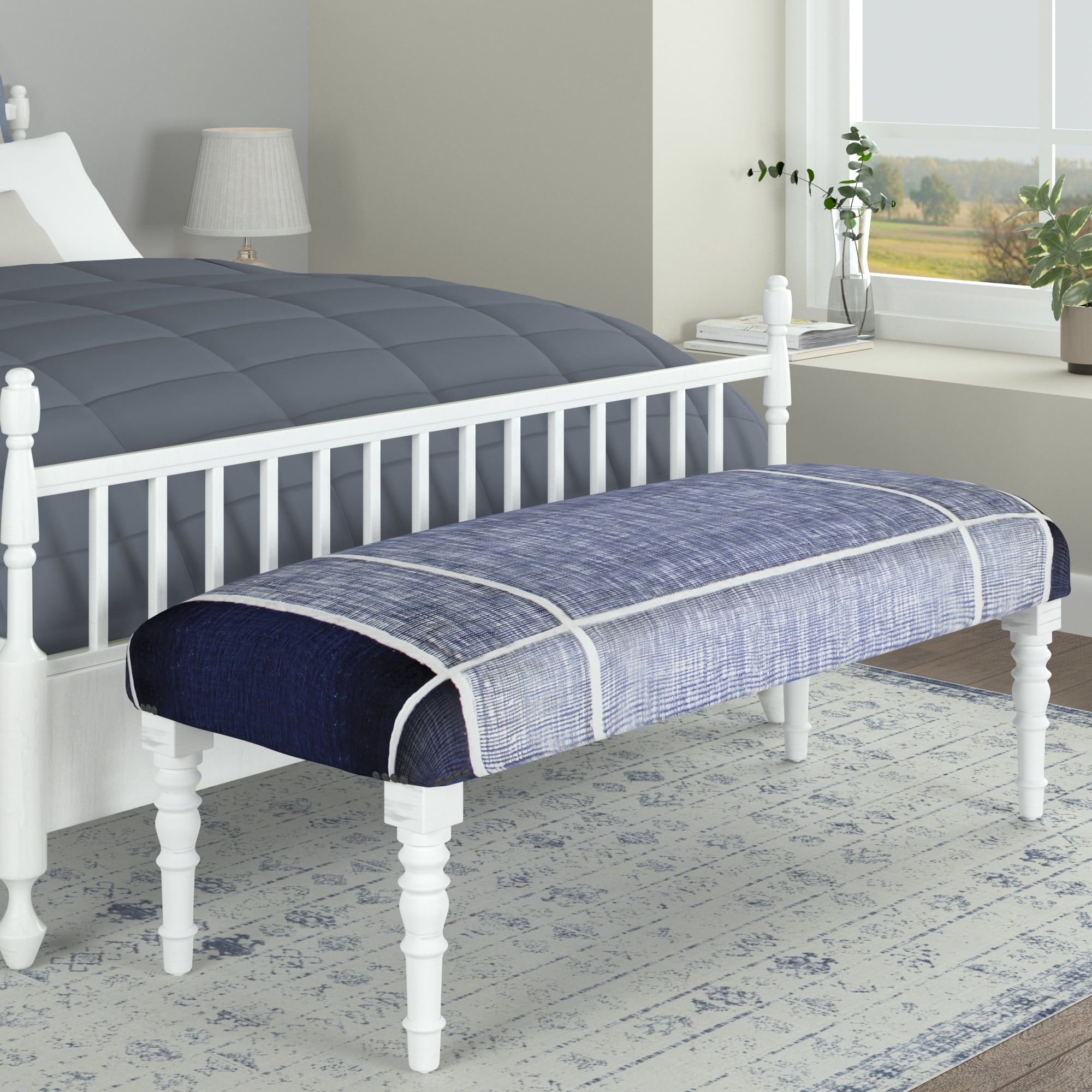Navy and White Plaid Upholstered Storage Bench with Wood Legs