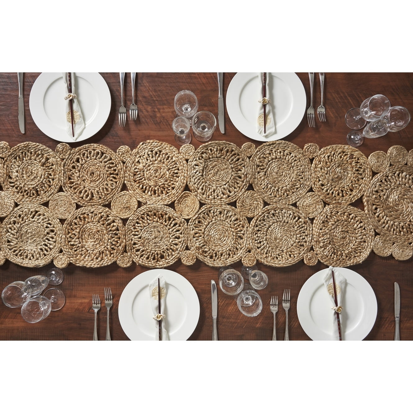Natural Braided Jute Table Runner with Concentric Design, 80" Length