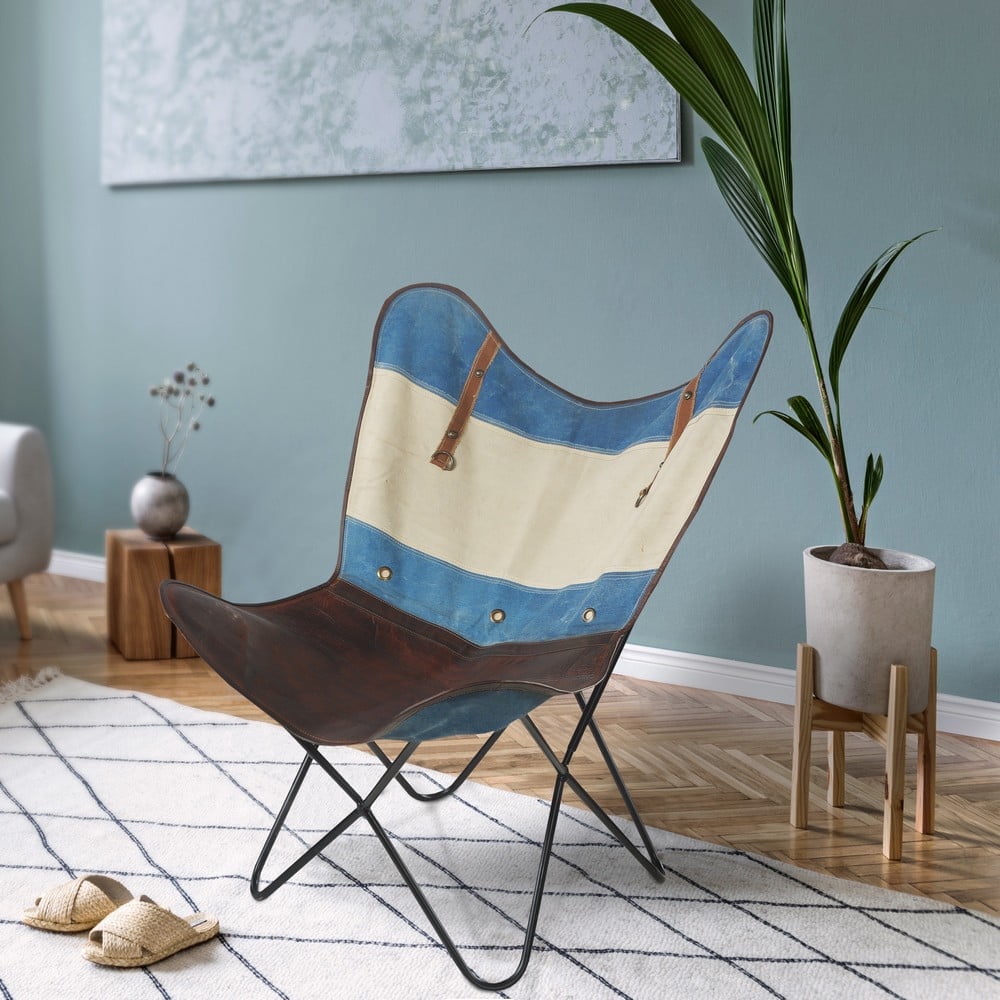 Handcrafted Blue and Ivory Leather Butterfly Chair with Metal Frame