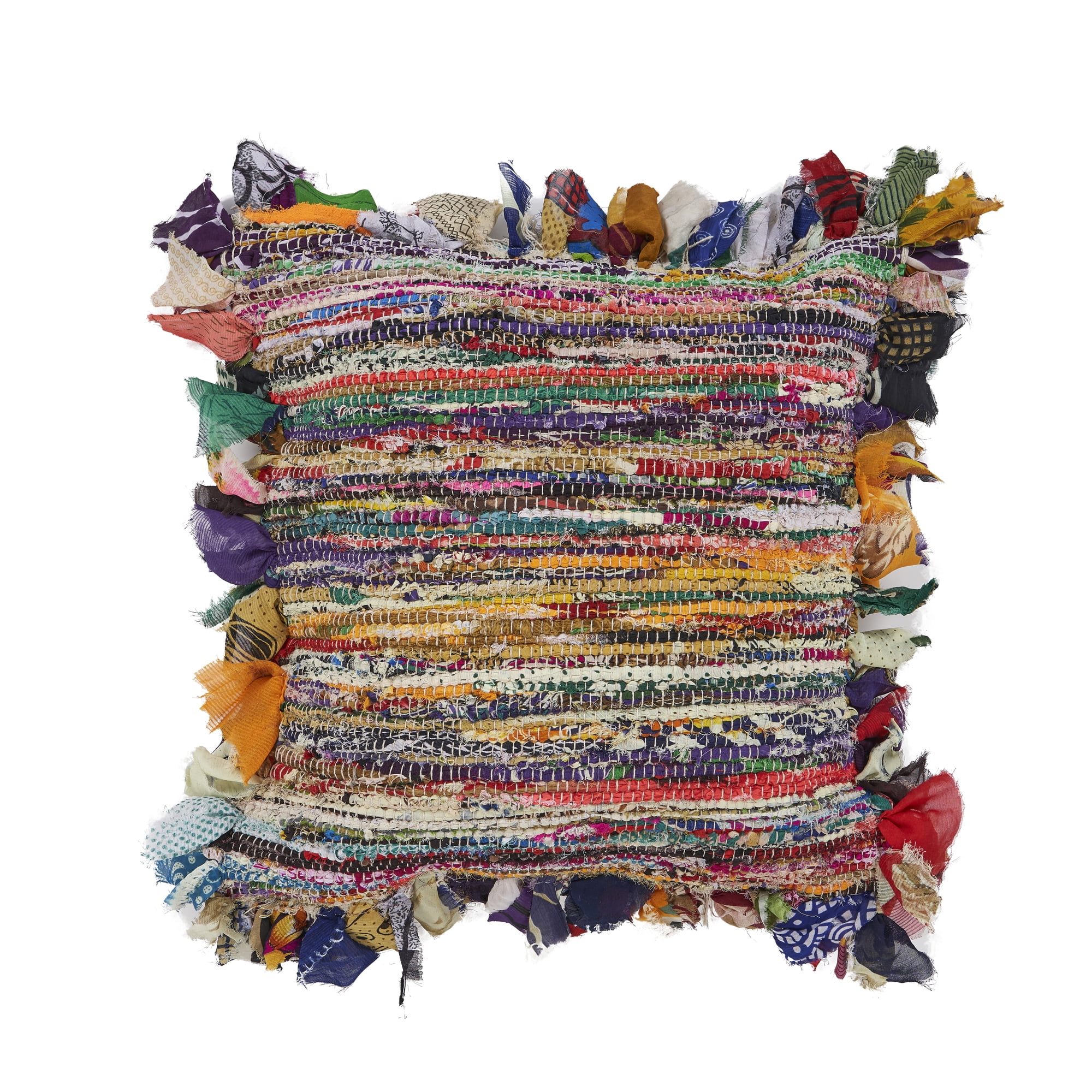 Multicolor Striped Hand-Woven Chindi Floor Pillow, 26" x 26"