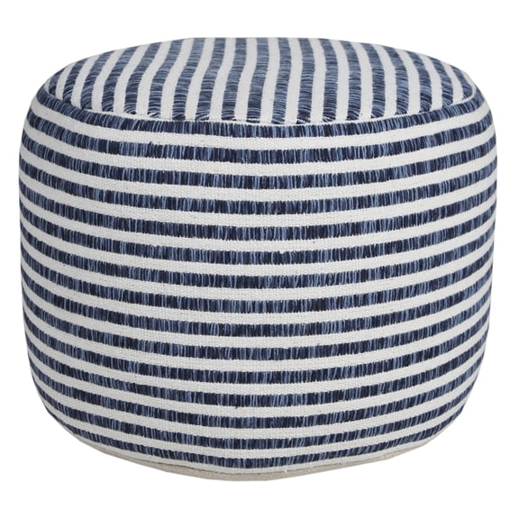 LR Home Oakley Round Blue/White Striped Indoor Small Pouf Ottoman, 14" H x 18" W