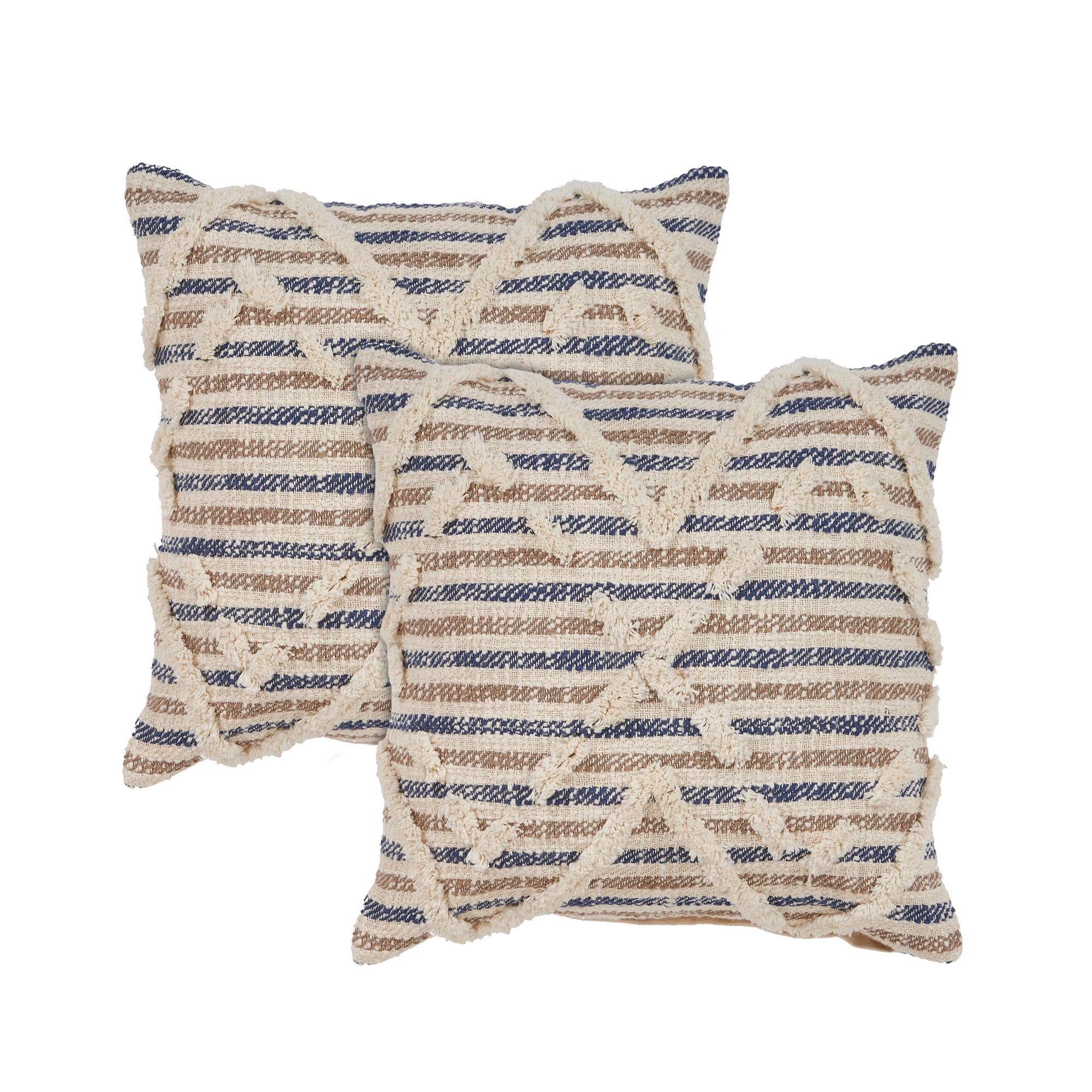 Oscar Blue and Natural Cotton Diamond Tufted Throw Pillow Set, 18" x 18"