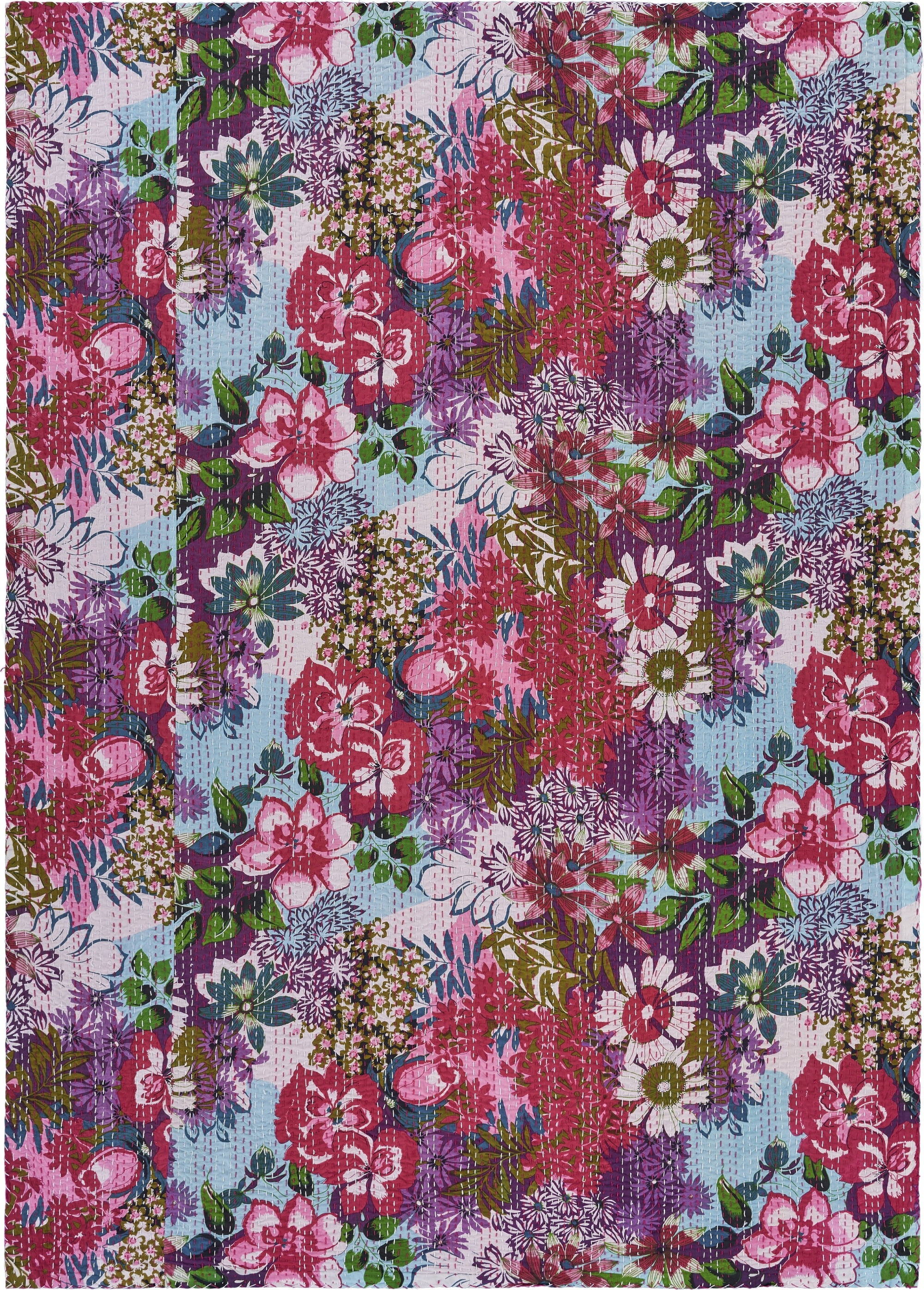Hand-Stitched Multicolor Floral Cotton Throw Blanket