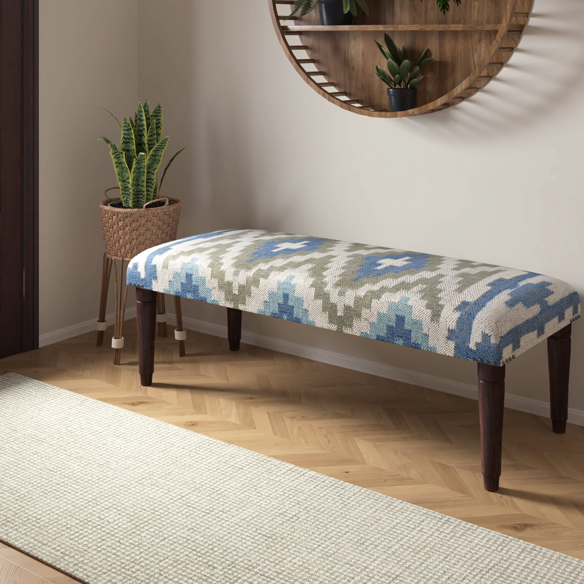 LR Home Rhonelle 47" Blue/Sage Geometric Jute Upholstered Accent Bench