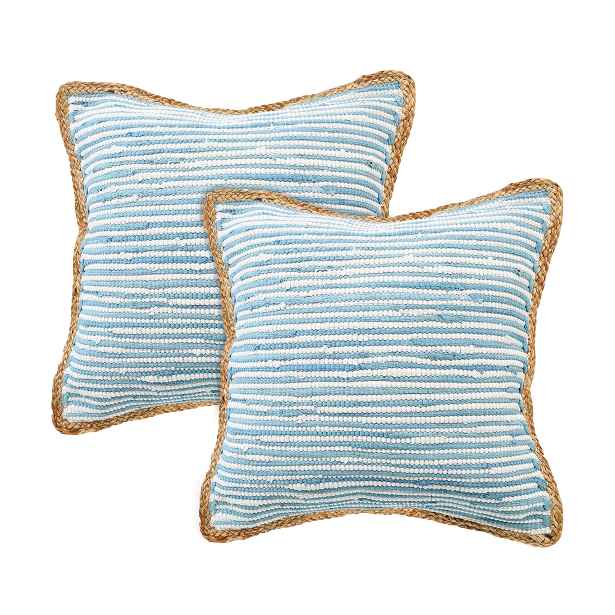 Set of 2 Blue and White Cotton Blend Square Throw Pillows