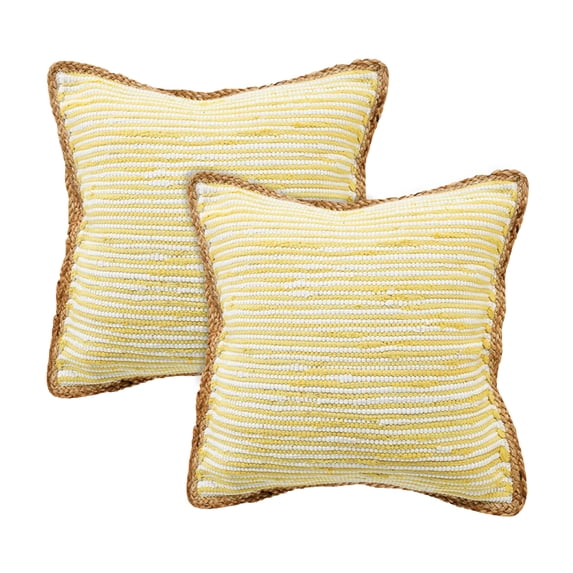 LR Home Ringo Set of 2 Golden Yellow/White 20" x 20" Jute Bordered Striped Cotton Blend Adult Decorative Throw Pillow Set