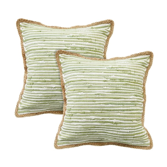 LR Home Ringo Set of 2 Green/White 20" x 20" Jute Bordered Striped Cotton Blend Adult Decorative Throw Pillow Set