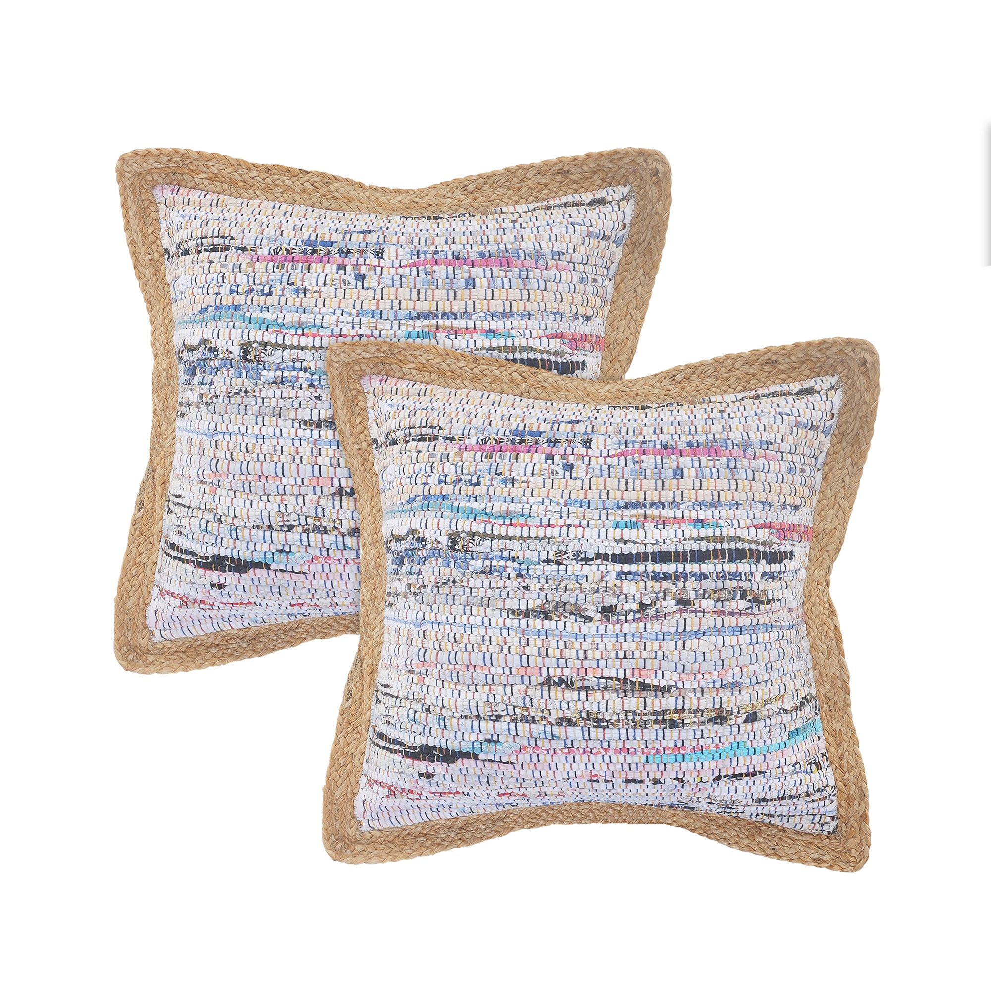 LR Home Ringo Set of 2 Pastel 20" x 20" Jute Bordered Striped Cotton Blend Adult Decorative Throw Pillow Set