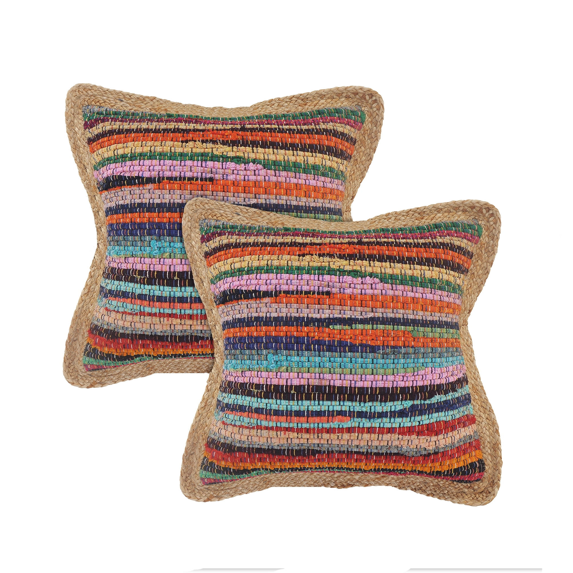 LR Home Ringo Set of 2 Rainbow 20" x 20" Jute Bordered Striped Cotton Blend Adult Decorative Throw Pillow Set