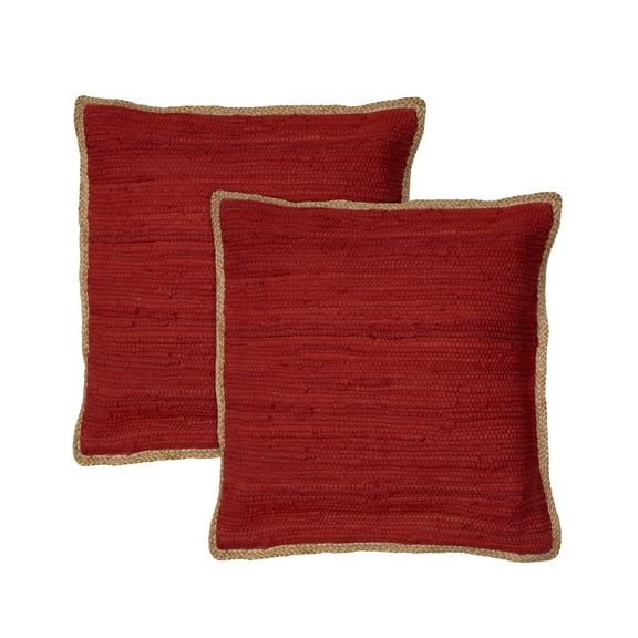 LR Home Ringo Set of 2 Red 20" x 20" Jute Bordered Cotton Blend Adult Decorative Throw Pillow Set