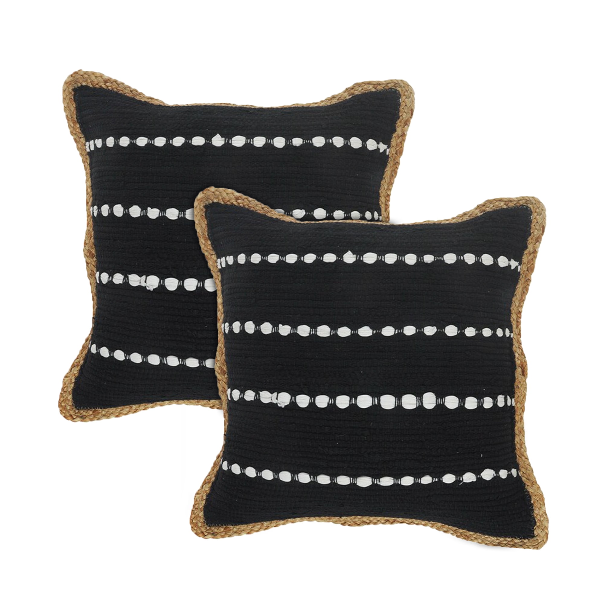 LR Home Ringo Set of 2 Black/White 18" x 18" Jute Bordered Striped Cotton Blend Adult Decorative ...