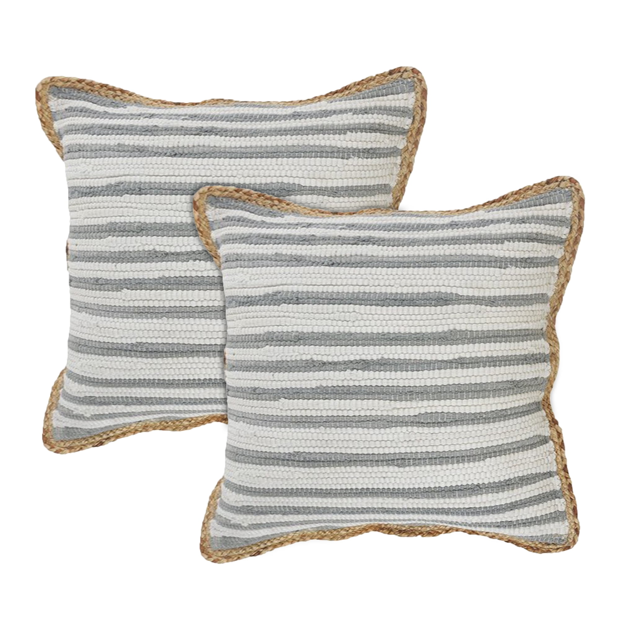 Gray and White Striped Cotton Throw Pillows with Braided Border, Set of 2