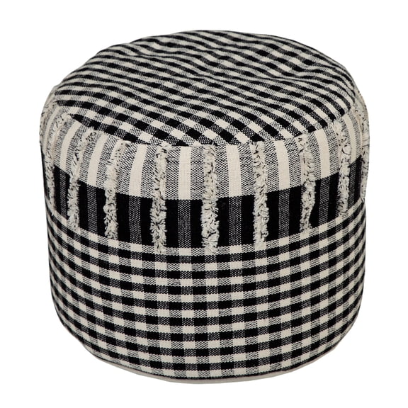 LR Home Round Black/Gray Plaid Pouf Ottoman, 14" H x 18" W