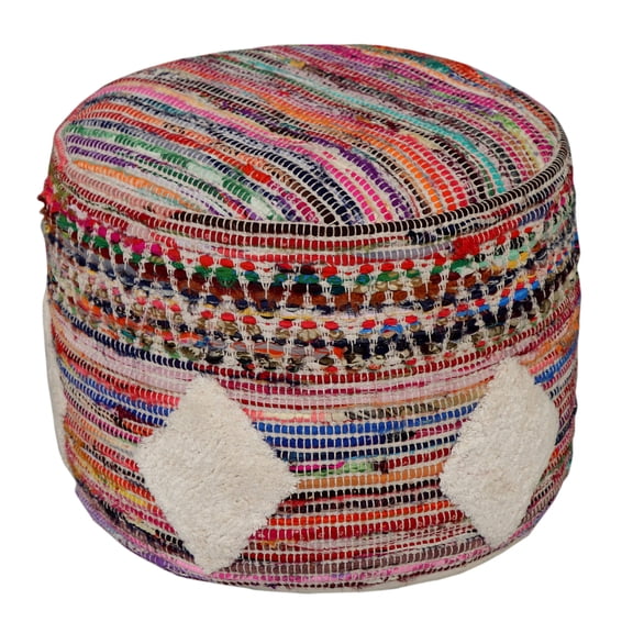 LR Home Round Rainbow Striped Shag Diamond Pouf Ottoman, 14" H x 18" W