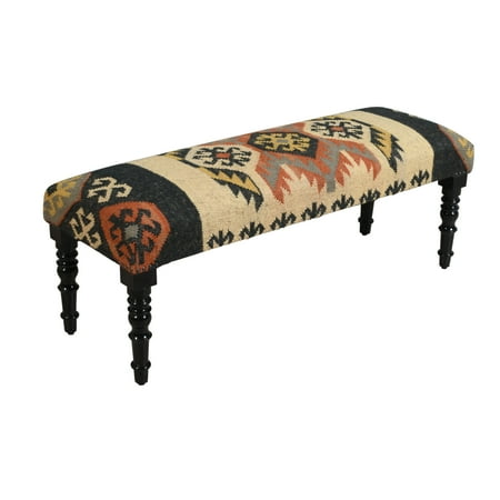 LR Home Rustic Kilim Upholstered Indoor Accent Bench, Black/Beige