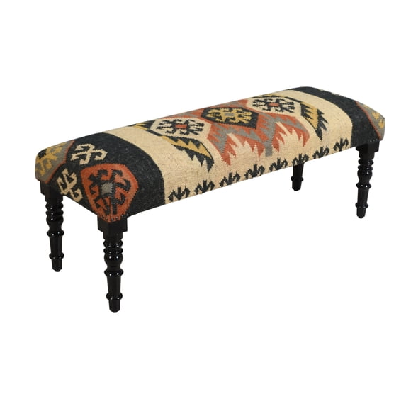 LR Home Rustic Kilim Upholstered Indoor Accent Bench, Black/Beige