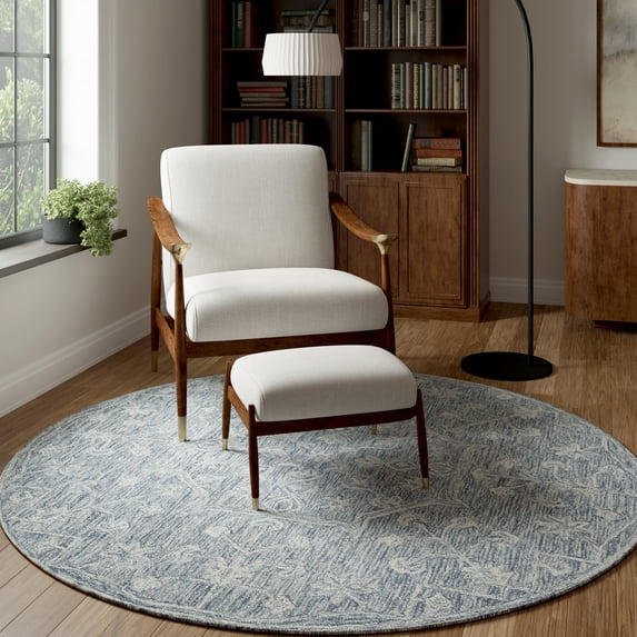 LR Home Sage 5' x 5' Blue/Ivory Floral Wool Indoor Area Rug