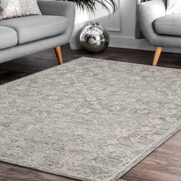 LR Home Sage 5' x 7'6" Silver/Gray Floral Wool Indoor Area Rug