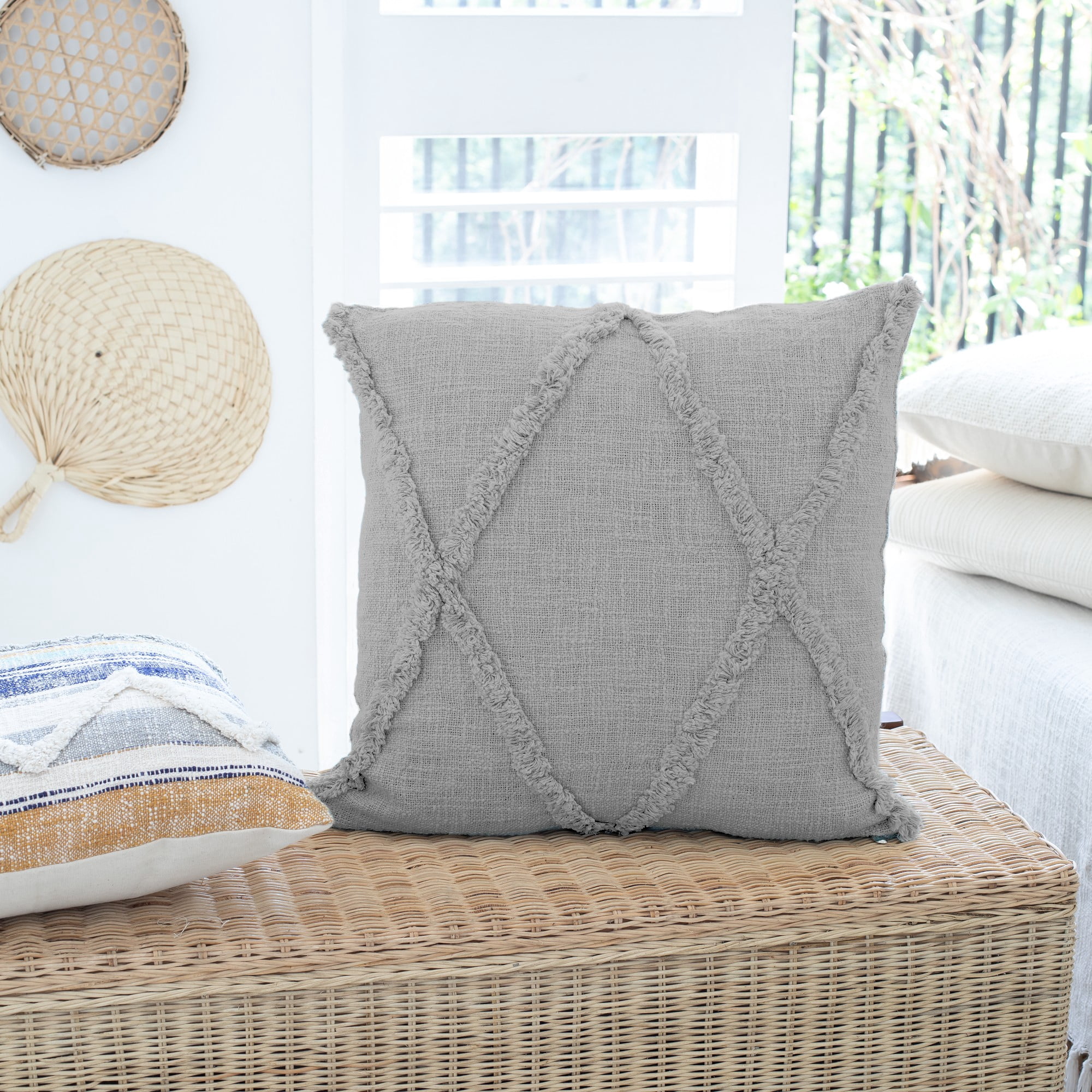 Laddha Home Designs Handwoven Geometric Diamond Square Throw Pillows - 18" - Gray - Set of 2