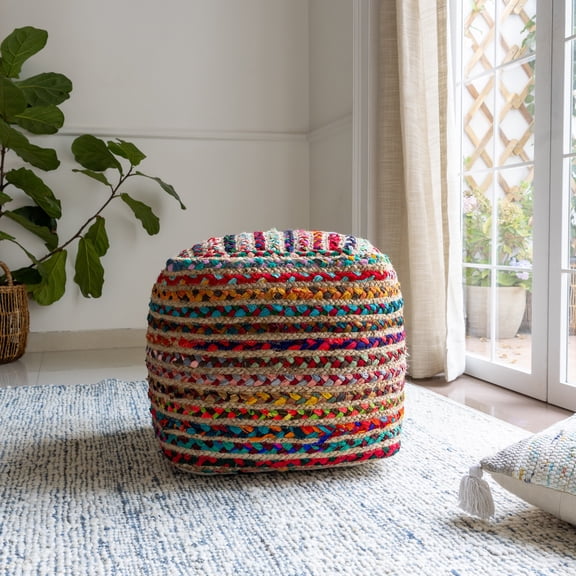 Laddha Home Designs Hand-Braided Bohemian Striped Square Pouf Ottoman - 18" - Multicolor
