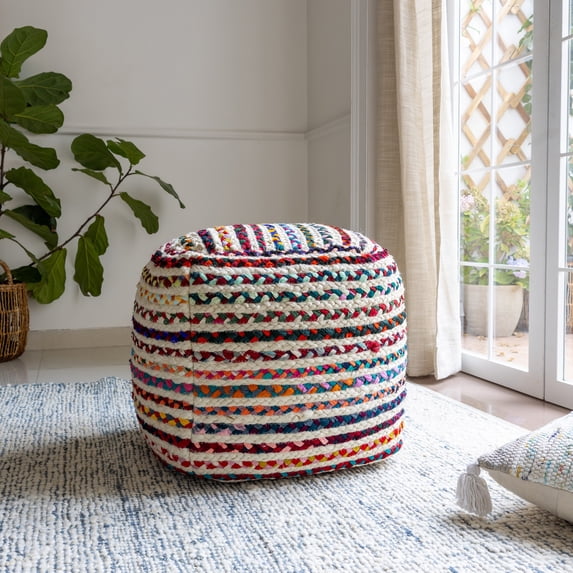 Laddha Home Designs Bohemian Striped Square Pouf Ottoman - 18" - Multicolor