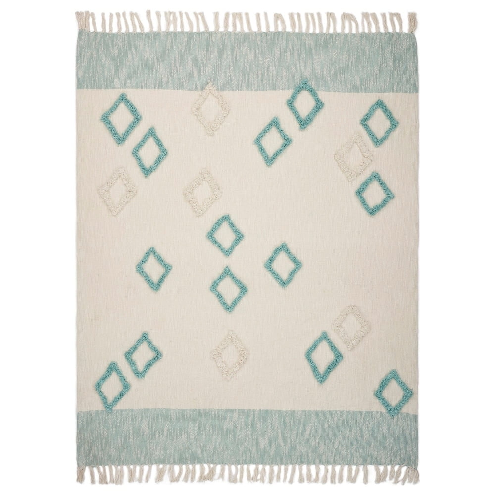 LR Home Sky Blue Diamond Ultra-Soft Shag with Fringe Throw Blanket, 50" x 60"