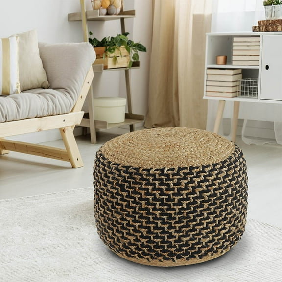 LR Home Small Braided Geometric Indoor Cylinder Pouf, Natural/Black, 18" x 18" x 12"