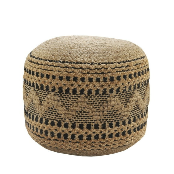LR Home Small Braided Geometric Indoor Round Pouf, Tan/Black, 18" x 18" x 14"