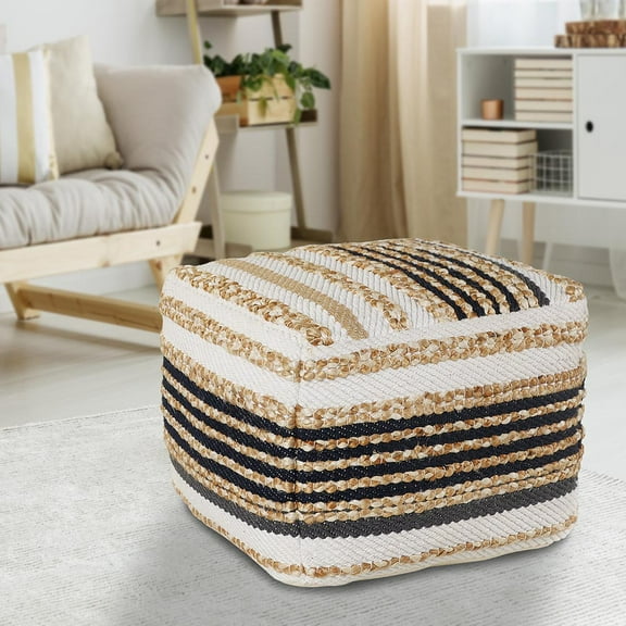 LR Home Small Braided Geometric Indoor Square Pouf, Navy Blue/White, 18" x 18" x 14"