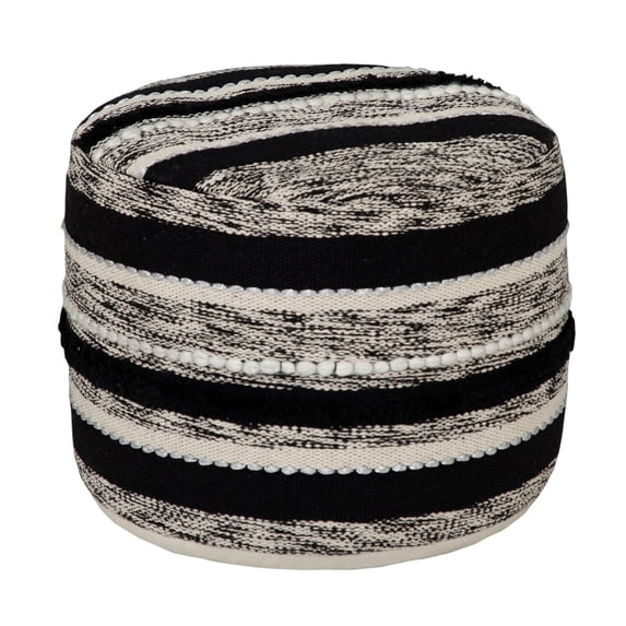 LR Home Small Braided Striped Indoor Round Pouf, Black/Natural, 18" x 18" x 14"