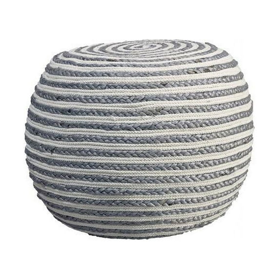 LR Home Savanna Round Grey/White Striped Indoor Pouf Ottoman, 20" H x 14" W