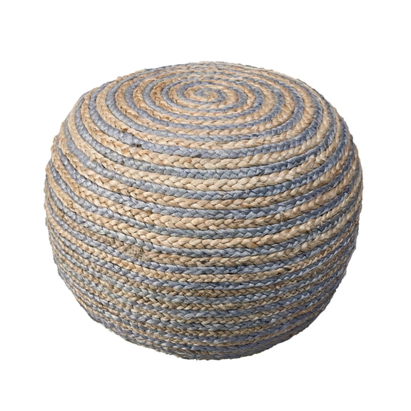 LR Home Savanna Round Grey/Natural Striped Indoor Pouf Ottoman, 20" H x 14" W