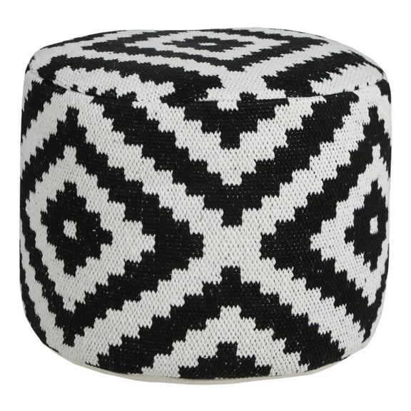 LR Home Small Diamond Indoor Round Pouf, Black/White, 18" x 18" x 14"