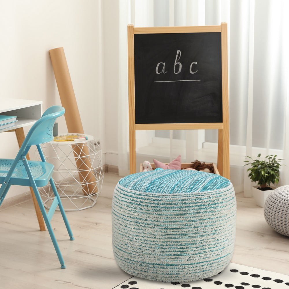 Aqua and White Textured Polyester Round Pouf Ottoman